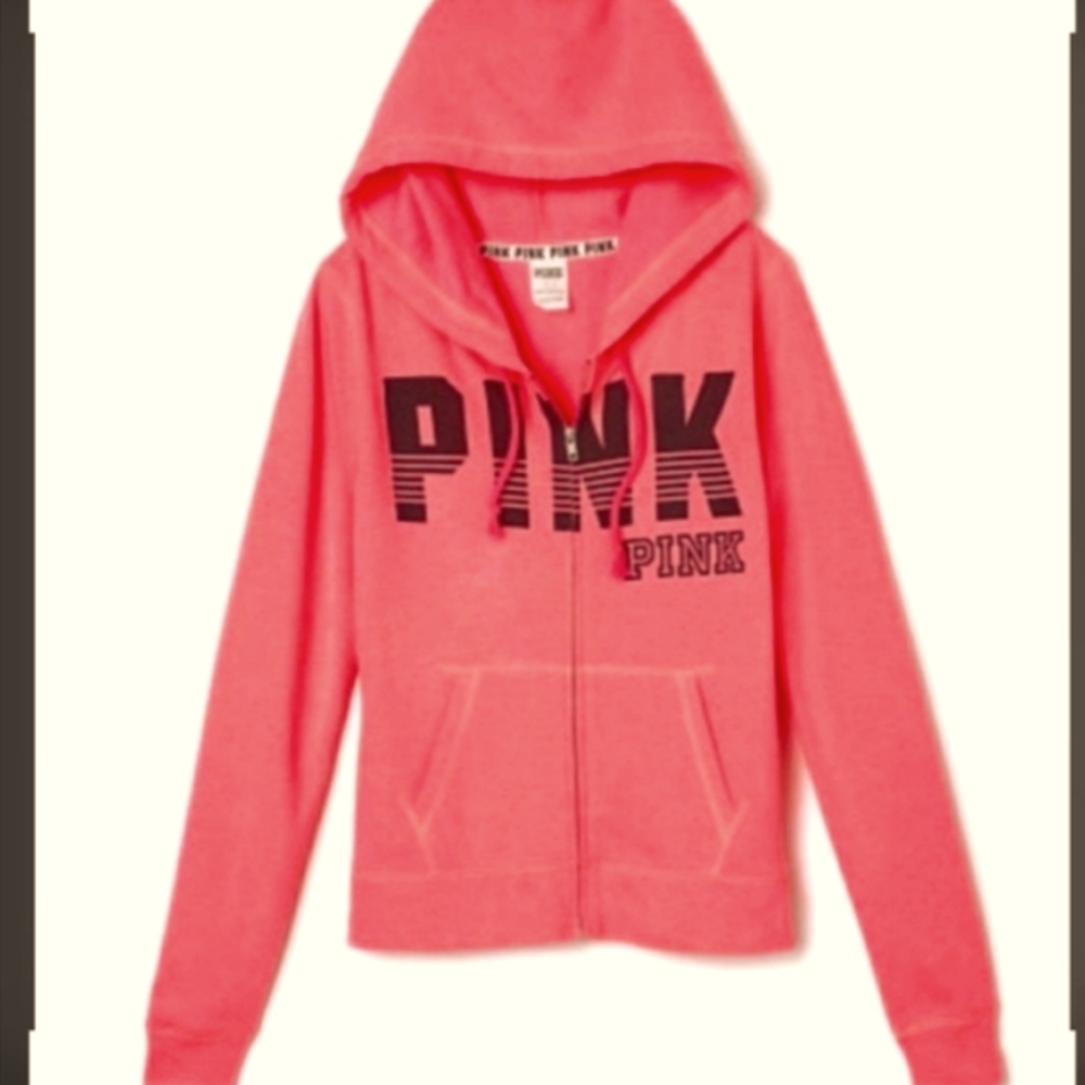 PINK VS Full Zip Up Hoodie Neon Orange/Coral w/ Black Logo rare/htf